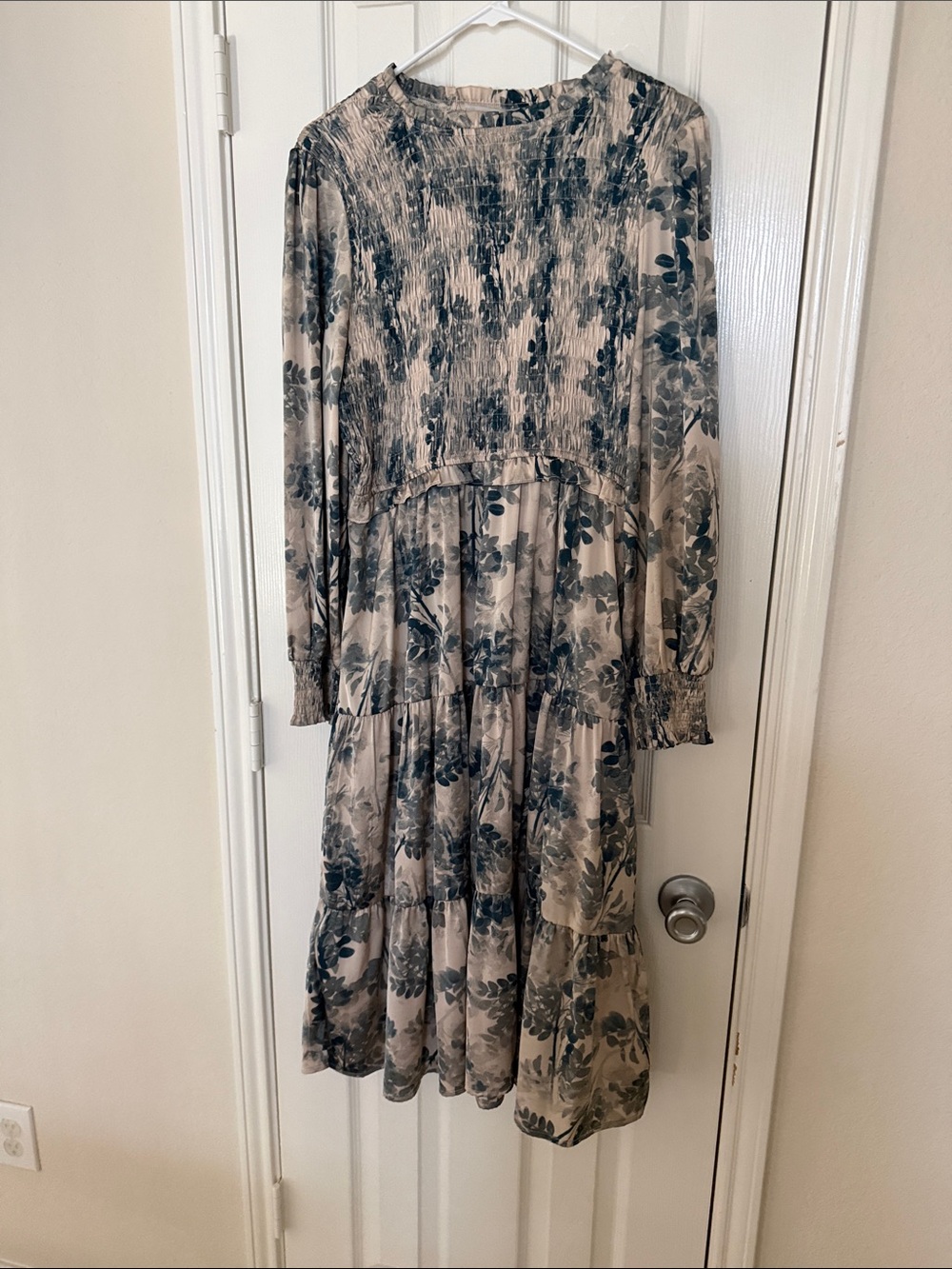 Floral Tiered Long Sleeve Midi Dress - Beige and Blue